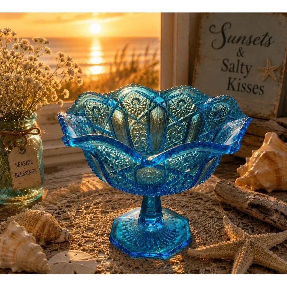 L E Smith Heritage Quintec Blue Stemmed Footed Compote Dish Bowl Cottage Core